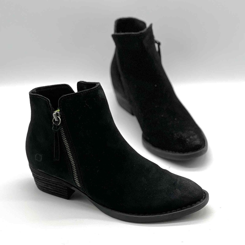 BORN Ankle Boot Women 7.5 Black Temple II Distressed Suede Side Zip Block Heel